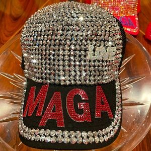 NWT Custom Made “Love MAGA” black hat w/ Silver Rhinestones & Red Bling letters